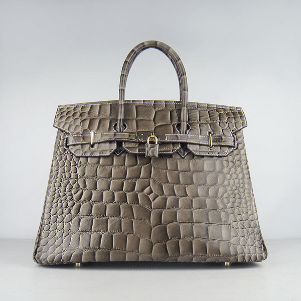 High Quality Fake Hermes Birkin 35CM Crocodile Veins Leather Bag Khaki 6089